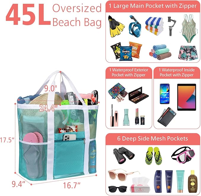 F-color Mesh Beach Bag Family - Large Tote Bag for Cruise Pool Toys Beach Vacation Essentials
