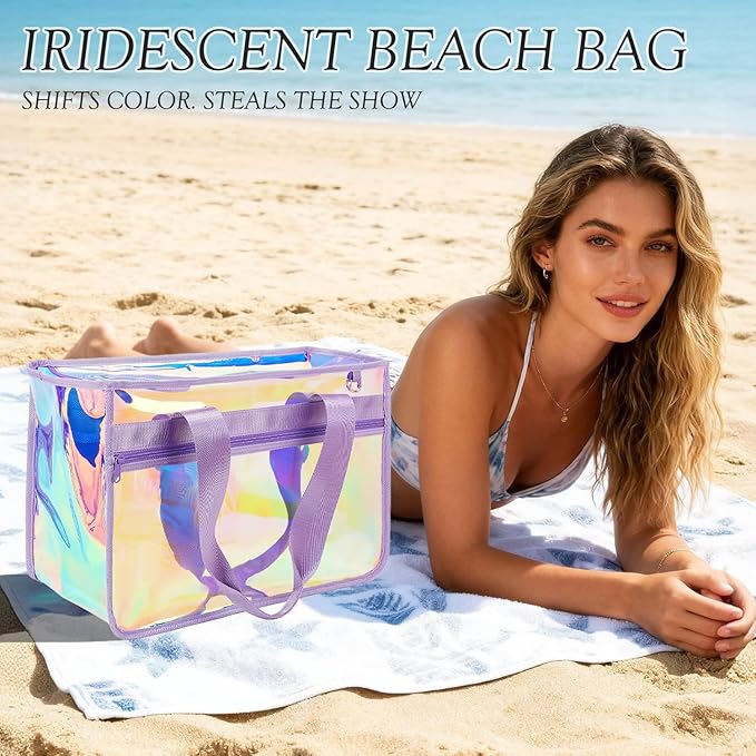 Fammart Iridescent Clear Beach Bags Waterproof Sandproof for Women, Large Jelly Tote Zipper Pool Bag Cruise Essentials 2026