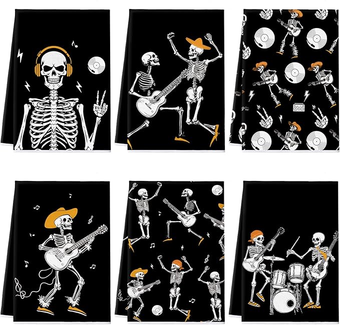 Bencailor 6 Pcs Skull Kitchen Towels Skeleton Dish Hand Towels Funny Skull Dance Tea Washcloth for Bathroom Kitchen Gothic Horror Decor Gifts 24 x 16''
