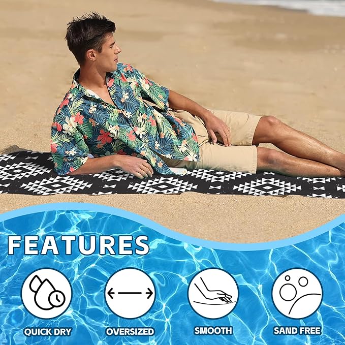 Geometric Microfiber Beach Towels,Tribal Black and White Geometric Oversized Absorbent Bath Towels,Soft Quick Dry Thin Camping Towel for Adults Women Men,29.5"×59"