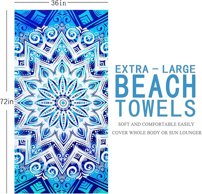 Genovega Oversized Terry Beach Towel 36 x 72 in Soft Extra Large Big Pool Swim Towels for Adults XL Clearance Big Travel Blanket Cruise Vacation Accessories Mandala Blue Essentials Lounge Chair Cover