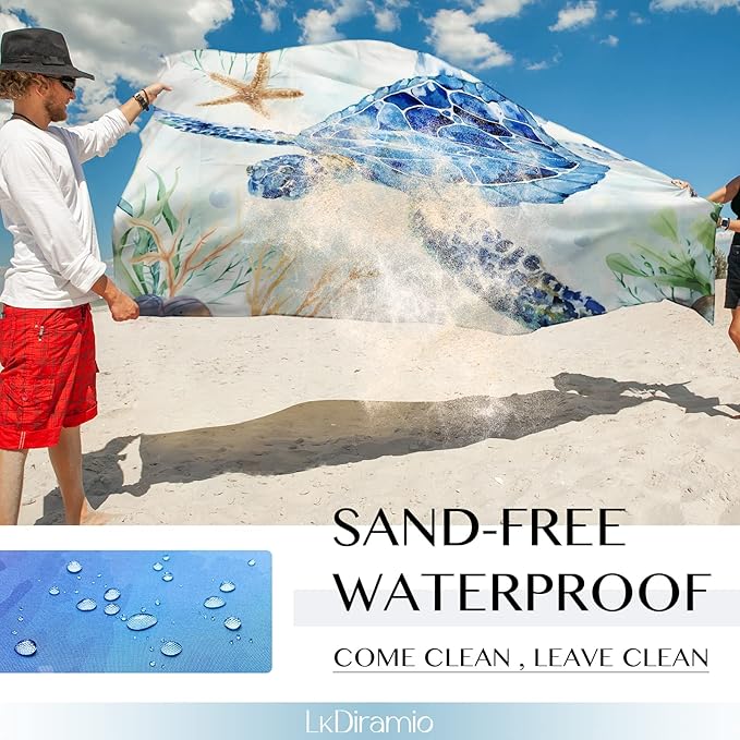 Beach Blanket Sand Proof Waterproof Oversized 100" x 80" Sand Free Mat with Corner Pockets and Mesh Bag for Outdoor, Picnic, Travel, Beach Accessories Portable, Watercolor Turtle