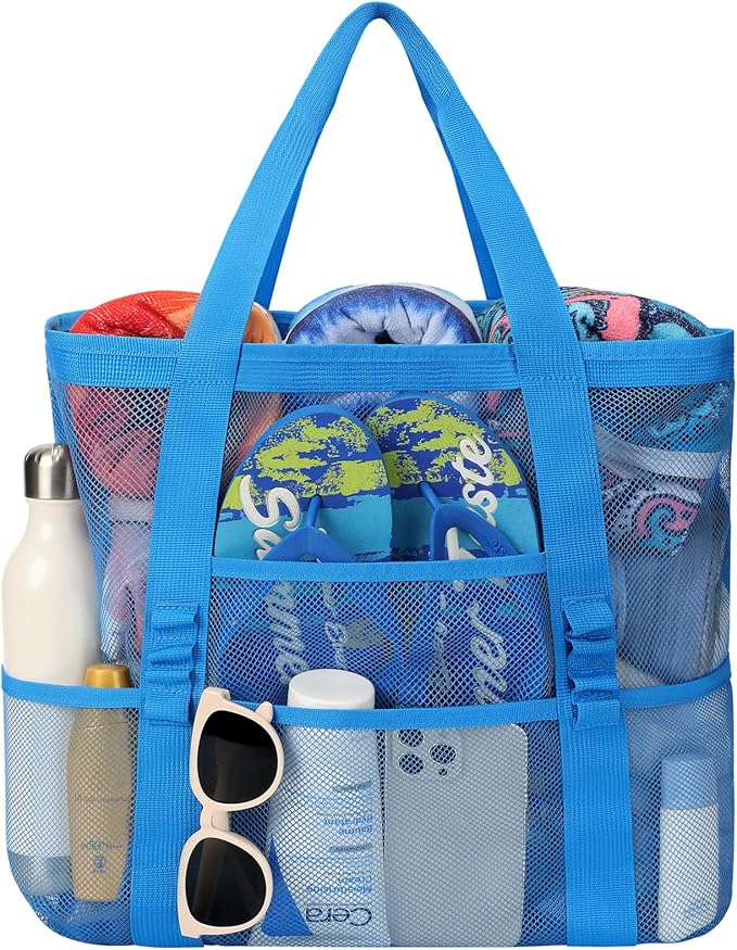 Beach Bag - Mesh Beach Bag Large 8 Pockets, Beach Tote Bag Beach Essentials for Vacation Must Haves