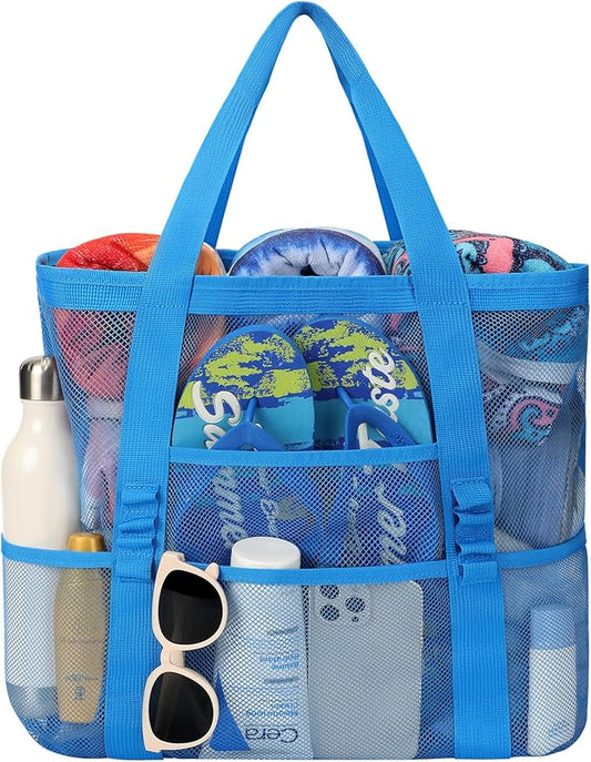 Beach Bag - Mesh Beach Bag Large 8 Pockets, Beach Tote Bag Beach Essentials for Vacation Must Haves