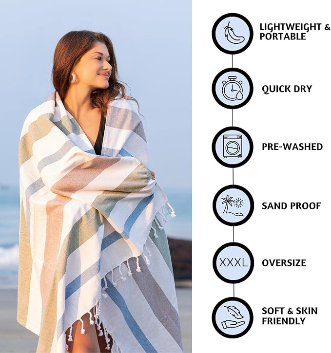 Folkulture Turkish Beach Towel for Adults with Tote Bag 40" x 72" Bath Towels, Beach Blanket or Oversized Sand Free Beach Towels, 100% Cotton Quick Dry, Lightweight and Large, (Carnival)