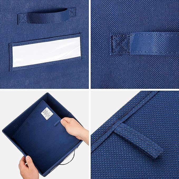 artsdi 13x13x13 storage cube bins(Set of 8) Fabric storage cubes with 8 Labels Window Cards & a Pen, storage cubes 13x13, Collapsible 13 inch cube storage bins, Cubby Boxes, Navy Blue