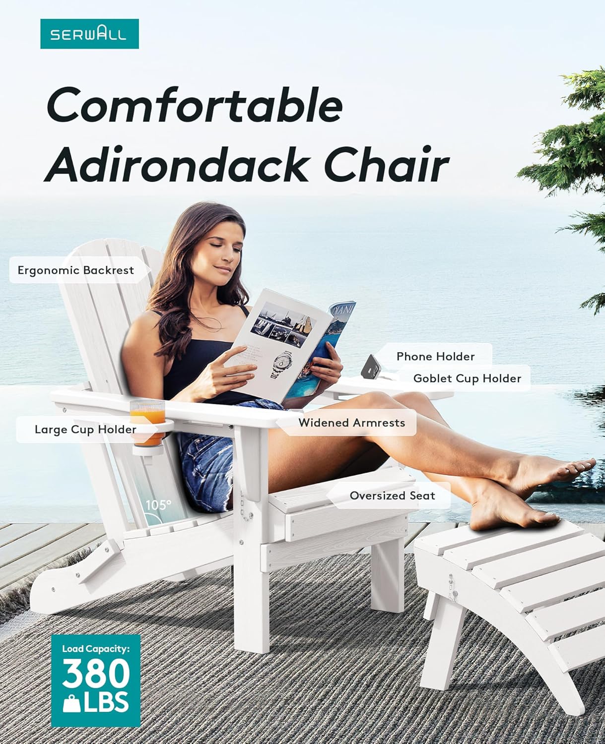 SERWALL Adirondack Chair with Cup Holders - Composite Adirondack Chairs Set of 2 HDPE Outdoor Chairs All Weather Use- White