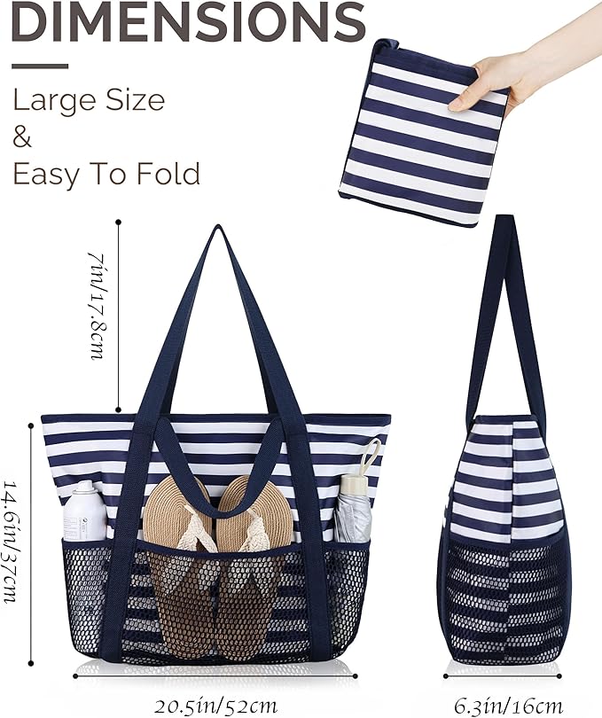 HOMESPON Beach Bag Large Waterproof Sandproof Foldable Tote for Women with Zipper Mesh Pockets for Pool Swim Travel Everyday