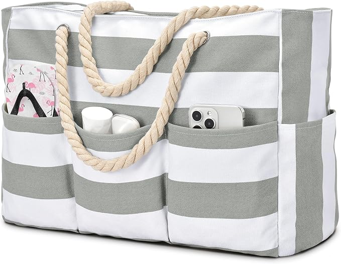 Becokan Beach Bags for Women Canvas Large Beach Tote Bag Zipper Waterproof Sandproof Foldable Swim Pool Bag with 7 Pockets