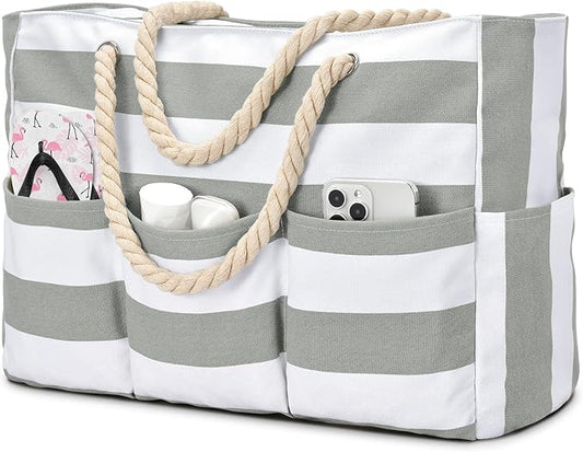 Becokan Beach Bags for Women Canvas Large Beach Tote Bag Zipper Waterproof Sandproof Foldable Swim Pool Bag with 7 Pockets