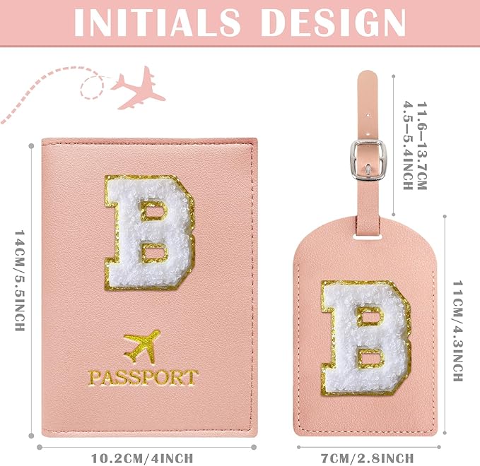 COSHAYSOO Initial Passport Cover and Luggage Tag Set with Chenille Letter Patch for Women Teenage Girls, 2 Pcs Double Passport Holder Best Bag Suitcase Identifier Pink B