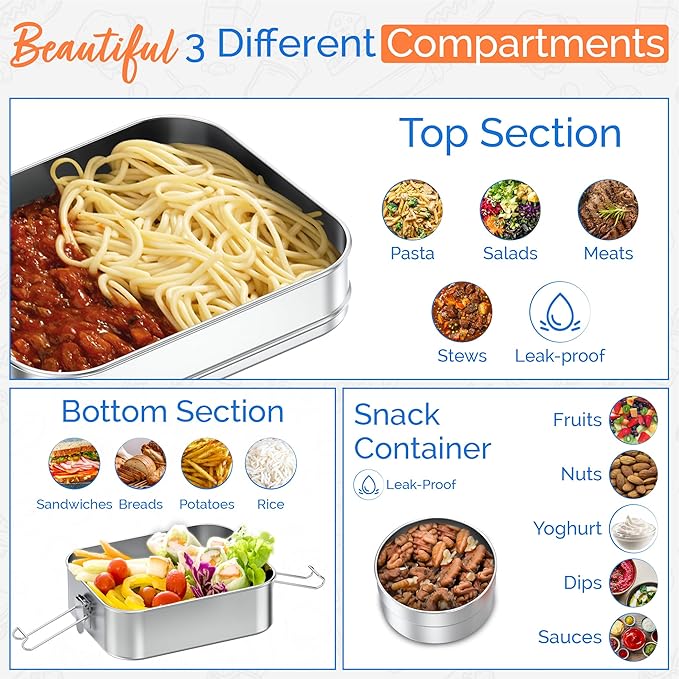 Stackable Stainless Steel Bento Box with Snack Container, 47oz/1400ml - Stainless Steel Lunch Box, Metal Bento Box for Kids & Adults, Eco-Friendly with Compartments for School, Work & Travel