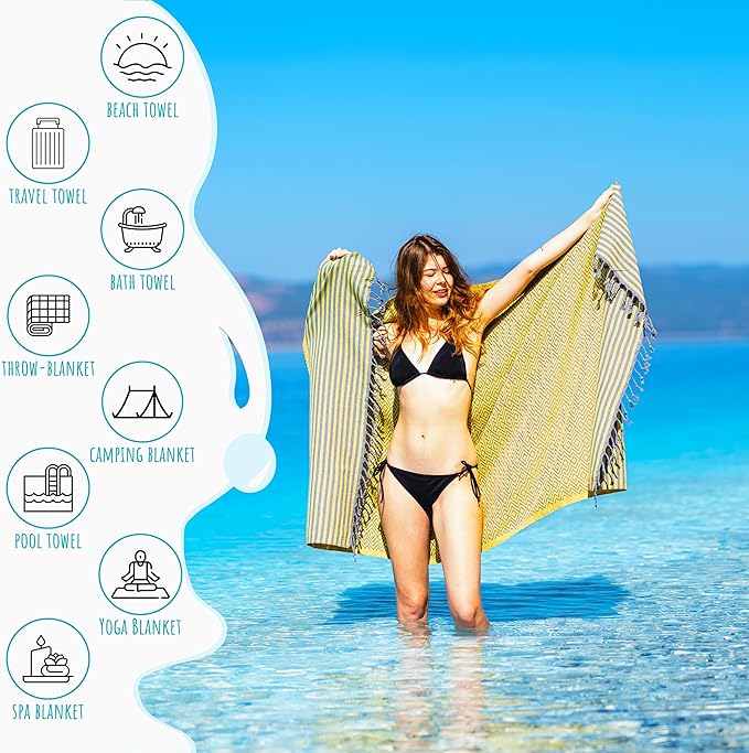Ray Silver Turkish Beach Towel Oversized 40x71 100% Cotton Sand Free Quick Dry Towel Extra Large Turkish Towel Light Travel Towel for Adults Beach Gifts Beach Accessories