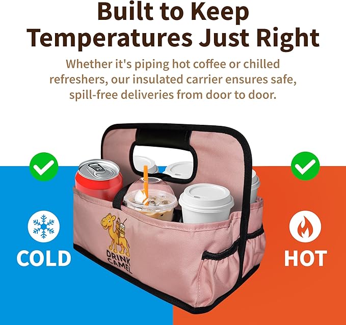 Reusable Drink Carrier with Handle, Foldable 6 Cup Drink Holder Carrier for Delivery, Coffee Cup Carrier, Portable Cup Holder Bag for Drinks, to Go Beverage Drink Organizer (Peach)