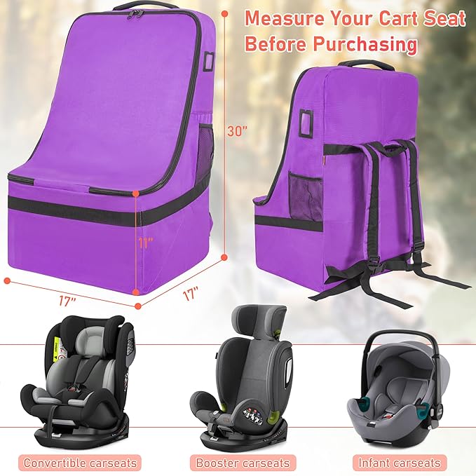 Padded Car Seat Travel Bag for Airplane, Heavy Duty Car Seat Bag for Air Travel Gate Check Carseat Carrier Bag with Shoulder Strap, Fits Most Baby & Infant Car Seats (Purple)