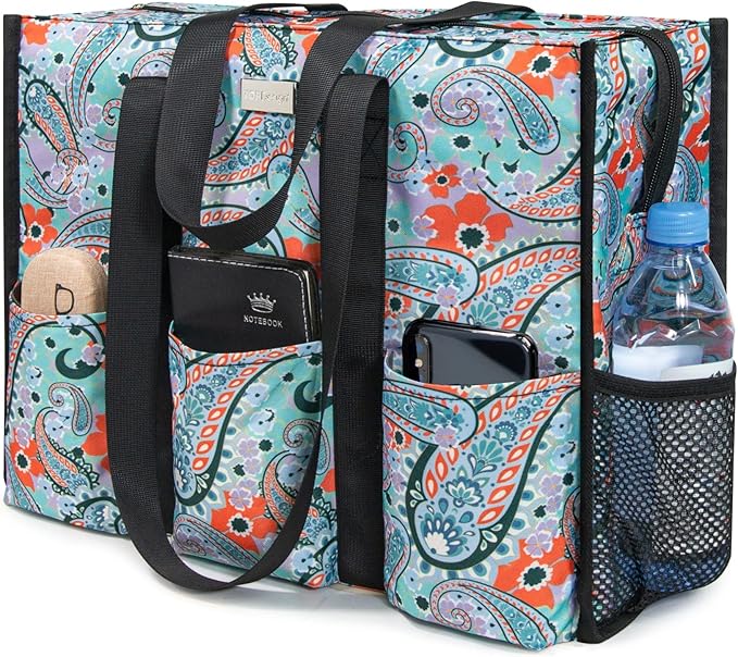 TOPDesign Utility Water Resistant Tote Bag with 13 Pockets, Top Zipper Closure & Thick Bottom Support, for Working Women