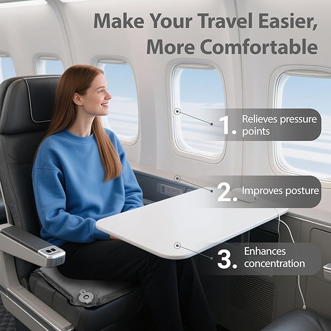 Inflatable Travel Seat Cushion – Self-Inflating Memory Foam Pad for Airplane, Stadium Bleachers, Camping, Hiking & Backpacking – Ultralight Compact & Portable Sitting Cushion (Grey)
