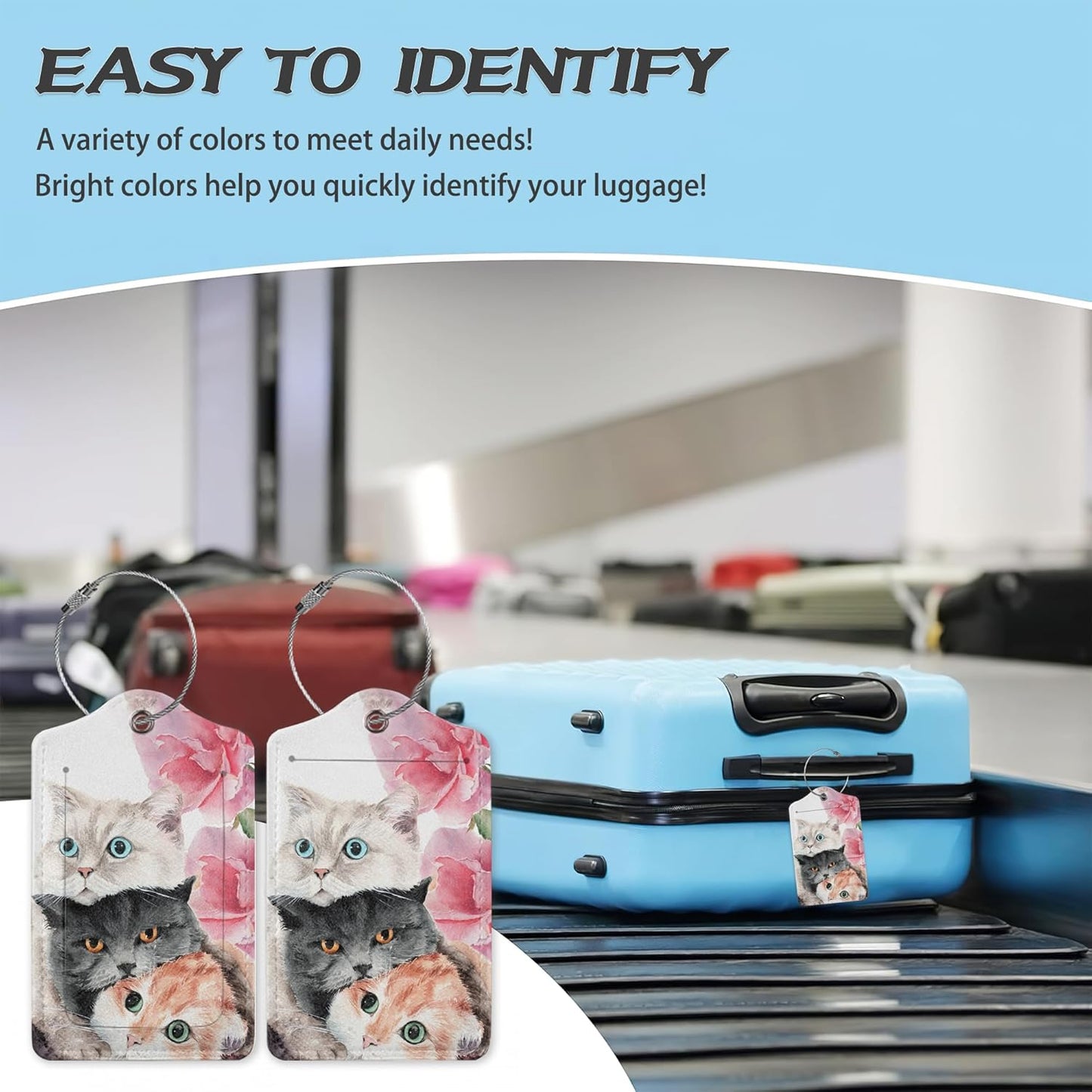 3 Pack Luggage Tag for Suitcase,Cute Funny Cat Leather Luggage Tags with Privacy Cover Name ID Label Identifiers Travel Bag Tags for Women Men Boys Girls