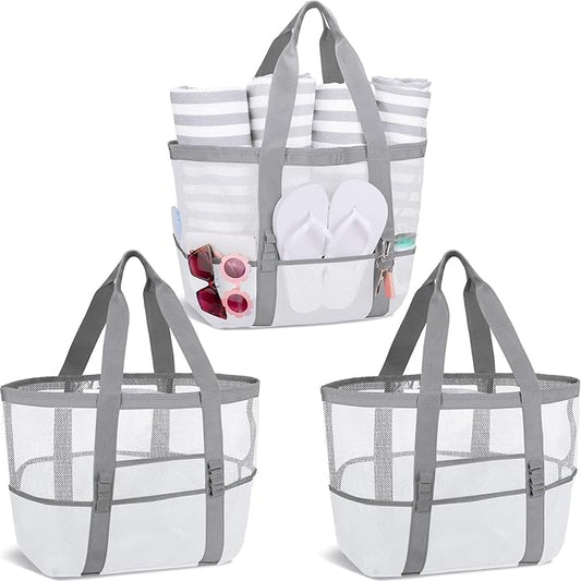 Hillban Large Beach Mesh Bags Bulk for Women Beach Tote Bag with 8 Pocket Zipper Waterproof Sandproof for Pool Cruise Ship