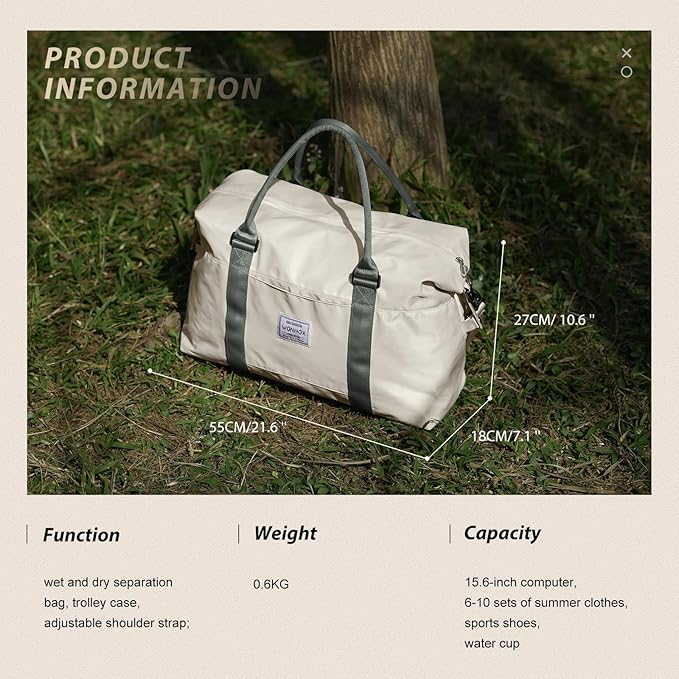 Travel Duffel Bags for Women Mens Waterproof Weekender Carry on Bag Sports Gym Bag Travel Tote Bags with Wet Pocket Overnight Bag Workout Duffel Bags with Trolley Sleeve Beige with Green