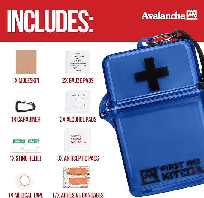 Avalanche Mini First Aid Kit, 30 Pcs Emergency Supplies Kit in Waterproof Case for Home, Car, Travel, Sports or Camping, First Aid Kit in Hard Case & Carabiner, Turquoise