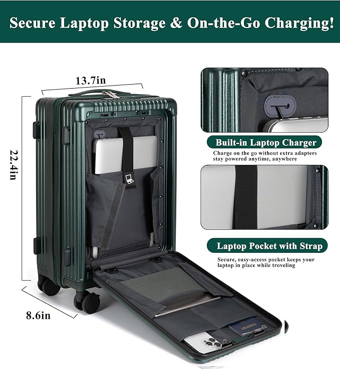feilario 20in Hardside Spinner Wheel Luggage with Zipper Closure, Built-In TSA lock Carry on Suitcase, with Cup Holder & USB Port & Phone Holder White(with zipper closure, 20in)