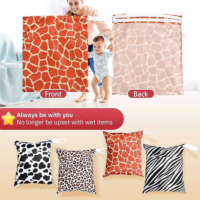 Frienda 4 Pieces Wet Dry Bag for Baby Waterproof Reusable Washable Diaper Bag Sealed with Handle for Travel, Beach, Swimsuit, Diapers, Dirty Gym Clothes and Toiletries (Animal Print)
