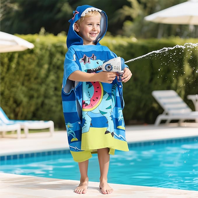 Joiedomi Kids Beach Towels with Hood for Boys Blue Dinosaur Hooded Toddler Bath Towel Quick Dry Soft Microfiber 30"x30"