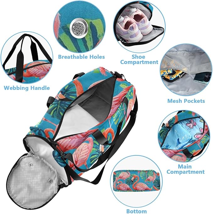 Vintage Painting Flamingos Palm Leaf Blue Boy's Gym Duffel Bag with Shoes Compartment Multifunctional Carry on Luggage for Beach Swim Bags Pool Sports