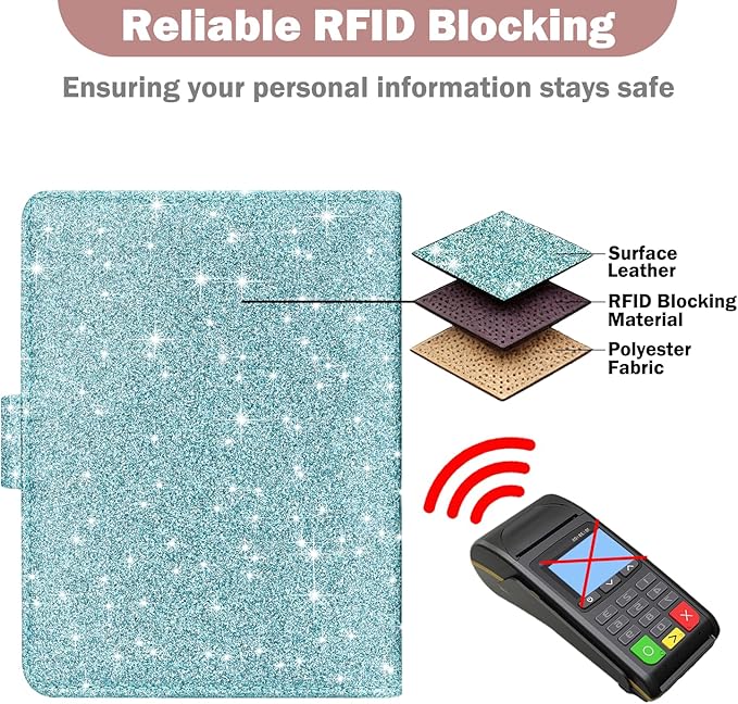 HOTCOOL Passport Holder Travel Essentials Airplane & Cruise Essentials Ship Leather Wallet Cover Case RFID Blocking Women & Men Vacation Travel Accessories Gifts Deals, Glitter - Blue