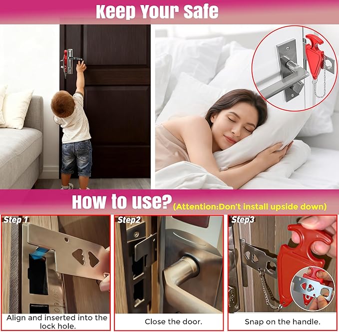 Portable Door Lock, Travel Door Lock for Hotel, Apartment, Dorm & Home – Extra Security Door Stoppers, Hotel Safety Devices for Travel Privacy Protection 3PK Red
