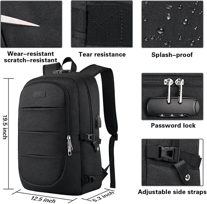 AMBOR Travel Laptop Backpack for Ｍen, 15.6-17.3 inch Laptop Backpack, Anti Theft Business Work Backpack with USB Charging Port, Water Resistant Computer Bag for Men & Women, Black