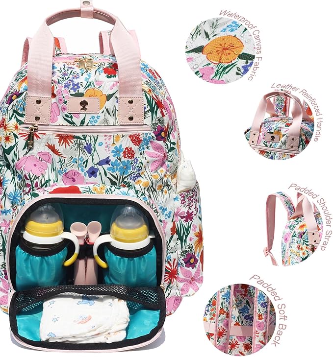 Diaper Bag Backpack, Large Capacity Multifunction Baby Essentials Fashion Travel Pack Linen Canvas office Laptop Bag (Canvas Pink)