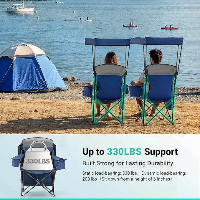 Overmont Camping Chair with Canopy Shade & Cooler Bag - Oversized Folding Beach Chair with High Back Support Big Cup Holder - Portable Lawn Chair for Outdoor Travel Sports Fishing - Support 330lbs