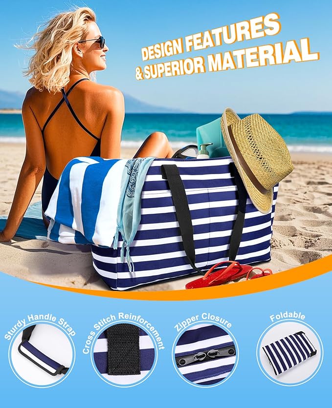 ISEYOU Beach Bag with Cooler, 49L Large Family Beach Tote with Zipper, Waterproof Sandproof Beach Bags for Women and Men, Foldable Lightweight Travel Bag for Pool, Picnic, Gym