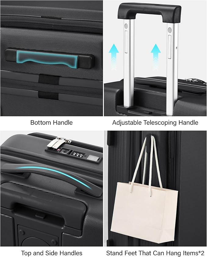 Hanke 24Inch Expandable Luggage Top Opening Medium Checked Luggage Hard Shell Suitcases with Wheels Travel Luggage Rolling Suitcase with Cup Holder(Jet Black)
