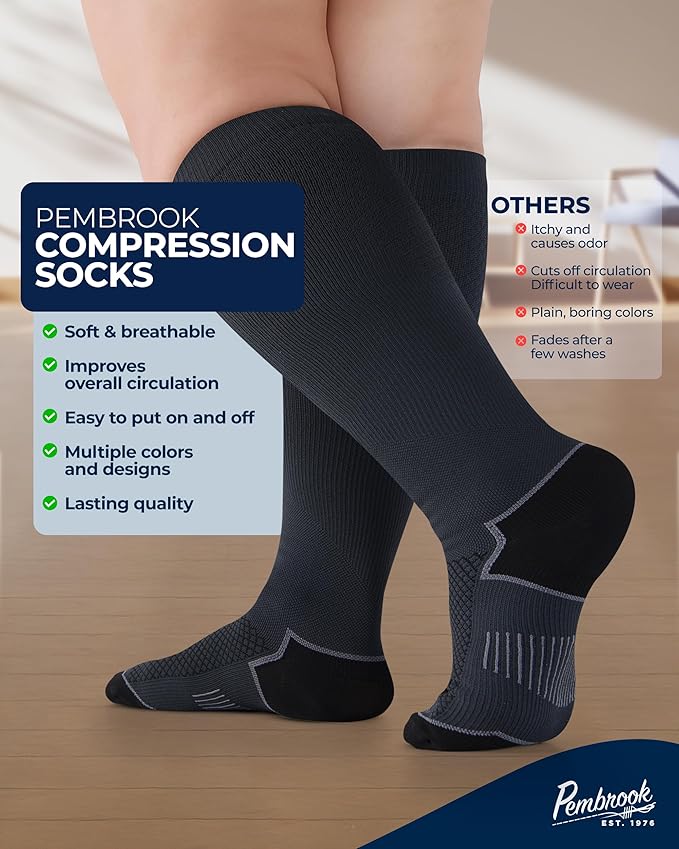 Pembrook Plus Size Compression Socks for Women Wide Calf - 3 Pairs, 20-30mmHg Extra Wide Calf Compression Socks, Up to 4XL