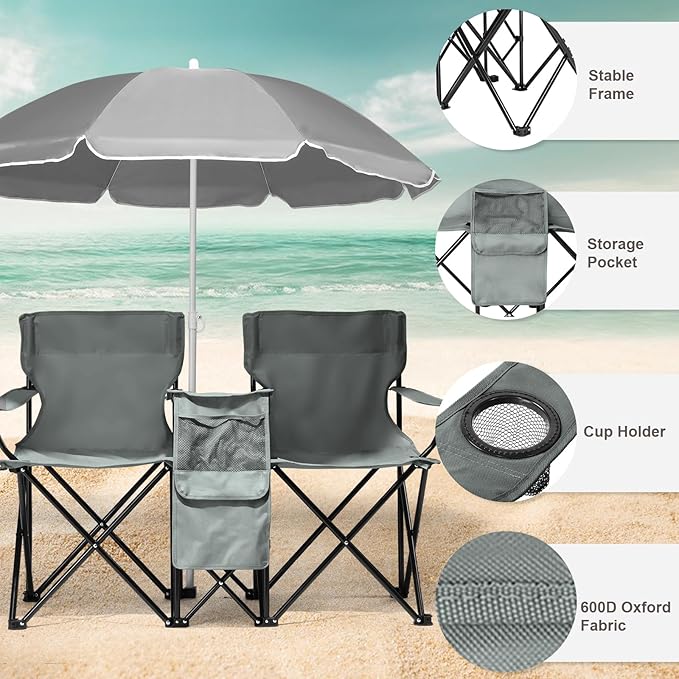 Double Folding Camping Chair W/Umbrella Fold Up Table Beverage Holder Carrying Bag Cooler for Patio Pool Park Outdoor Beach, Picnic, Portable (Grey)