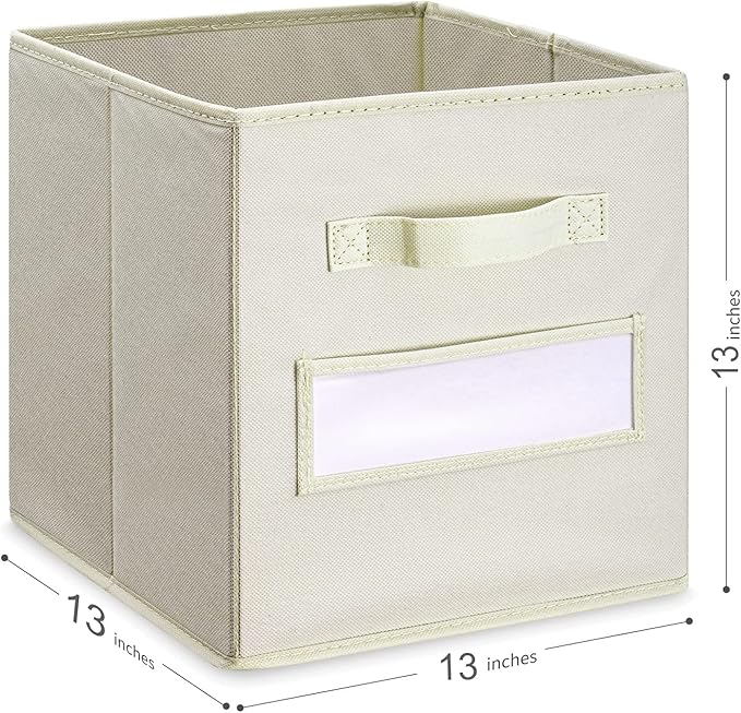 artsdi 13x13x13 storage cube bins(Set of 8) Fabric storage cubes with 8 Labels Window Cards & a Pen, storage cubes 13x13, Collapsible 13 inch cube storage bins, Cubby Boxes, Beige