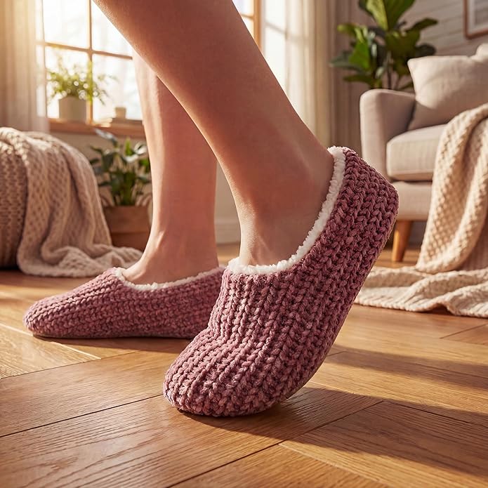 Cozylook 2-Pair Women's Soft Sole Slipper Socks with Grippers, Thick Warm Cozy Sherpa Lined Home Socks Set, Cable Knitted Non-slip Fluffy Winter House Bedroom Slippers