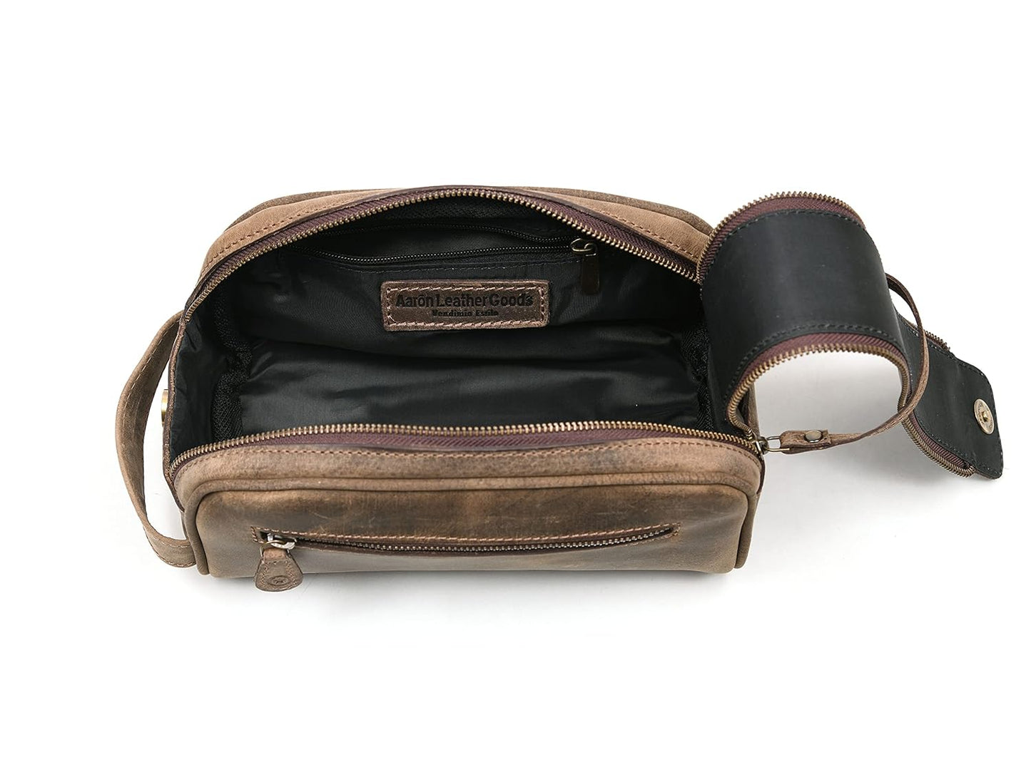 10" Premium Leather Toiletry Travel Pouch With Waterproof Lining | King-Size Handcrafted Vintage Dopp - Kit ~ Gift for Father's Day By Aaron Leather Goods (Brown)