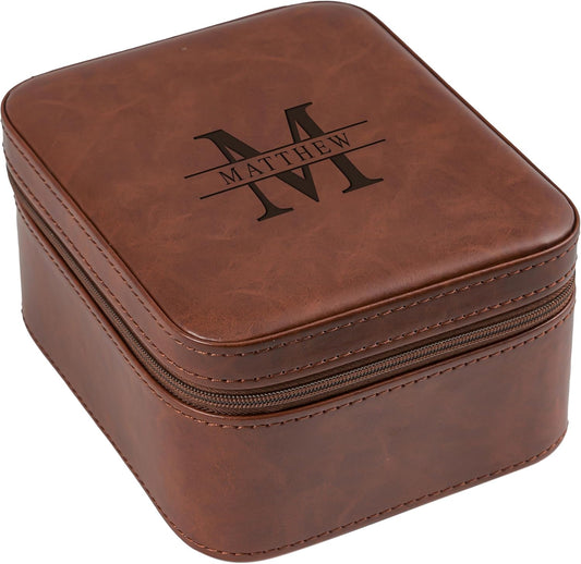 Awesometik Luxury Travel PU Leather Watch Case. Watch Storage Organizer. Watch Display & Watch Holder. Perfect For Watch Collection. Ready to Gift for Men (Brown/Brown, Engraved 2 Slot Watch Case)
