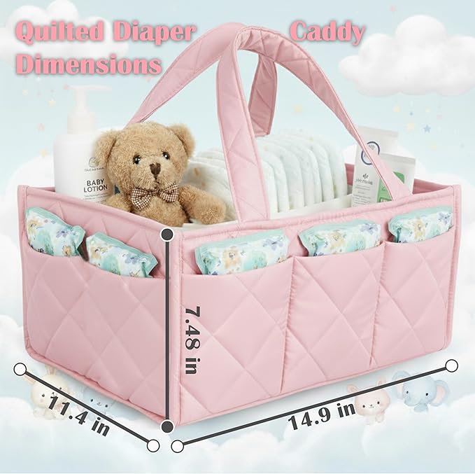 Baby Diaper Caddy Organizer, Nursery Storage Basket for Newborn Essentials, Travel Baby Basket for Diapers Baby Wipes, Organizer Tote Bag Storage Bin, Baby Shower Gifts (Pink)