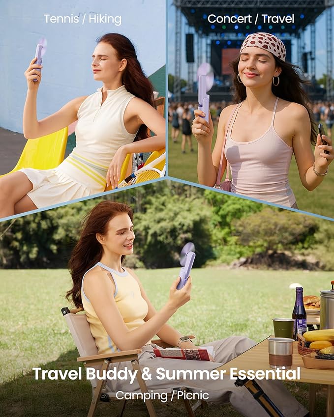 GAIATOP Portable Handheld Fan, 3 IN 1 Mini Foldable Travel Fans [17H Max Cooling Time] with Power Bank, Pocket Design USB Rechargeable for Travel Concert Lash Makeup Summer Gifts for Women Girl Purple