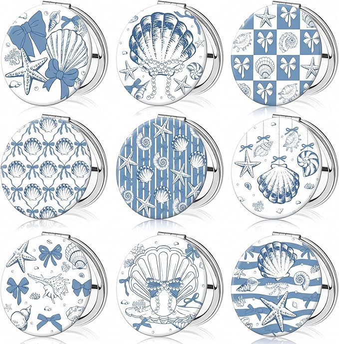Weysat 9 Pcs Seashell Bow Compact Mirrors Bulk Double Sided Magnifying Makeup Mirrors with PU Leather Case Blue and White Coastal Design Portable Pocket Mirror for Women Girl Beach Party Gifts