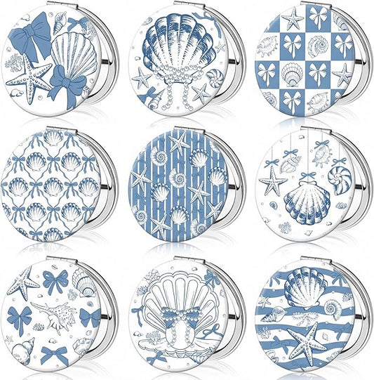 Weysat 9 Pcs Seashell Bow Compact Mirrors Bulk Double Sided Magnifying Makeup Mirrors with PU Leather Case Blue and White Coastal Design Portable Pocket Mirror for Women Girl Beach Party Gifts