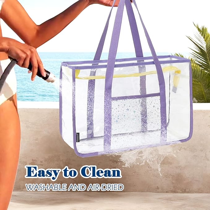 Clear Beach Bag for Women, Large Pool Tote Cruise Vacation Essentials - Zipper Closure, Waterproof, Sandproof