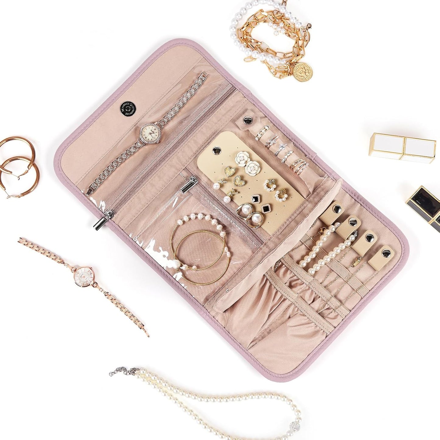 BELALIFE Travel Jewelry Case Organizer, Foldable Storage Roll for Earrings, Necklaces, Rings, Bracelets, Brooches, Peach Pink