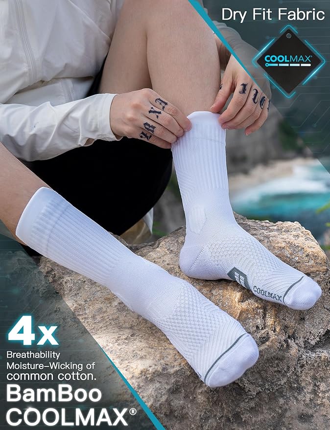Compression Running Socks, Bamboo Viscose Coolmax Moisture-Wicking Anti-Blister Athletic Hiking Workout Gym Padded