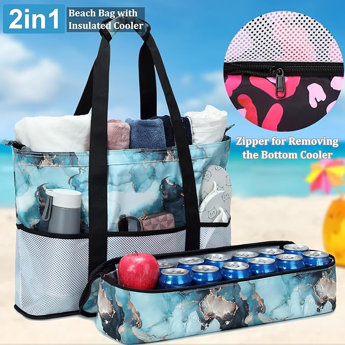 JIANYA Beach Bag Women Waterproof Sandproof Beach Tote Bags with Cooler Top Zipper Large Totes for Pool Travel Daily